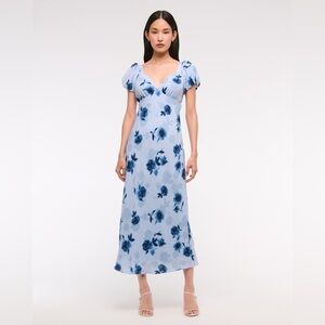 Puff Sleeve Midi Dress blue floral tie back